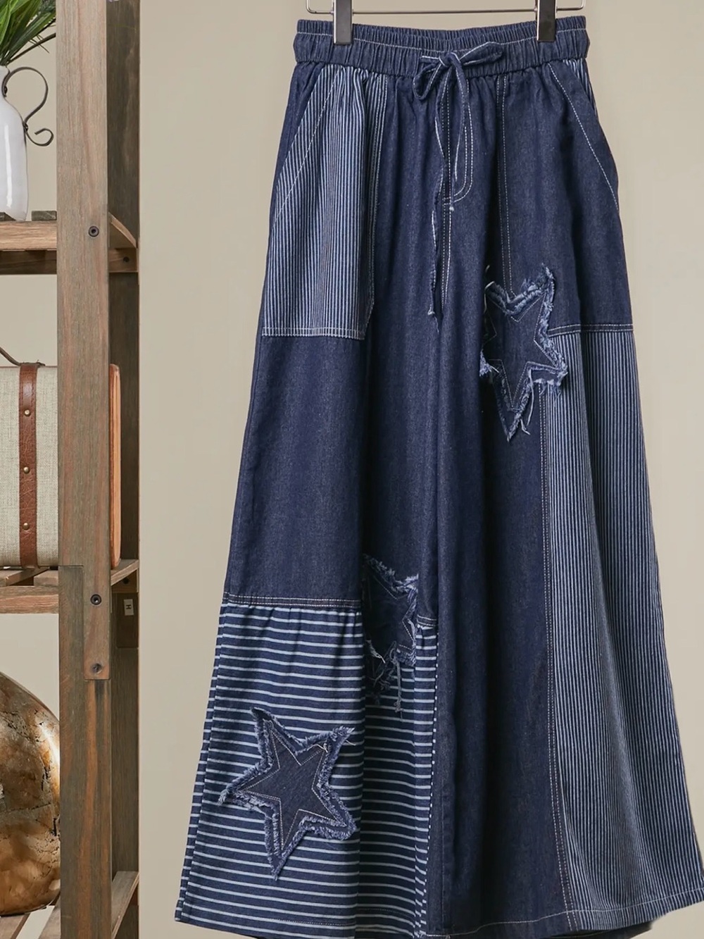 Boho Patchwork Denim Pants with Star Appliqués - Navy